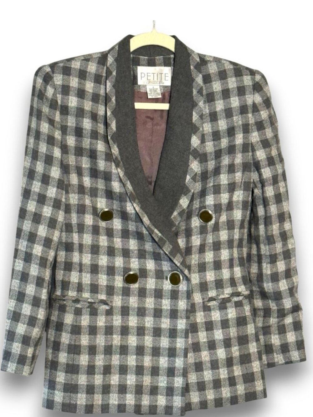 Vintage Petite Sophisticate Gingham Wool Double Breasted Blazer Jacket Size 2